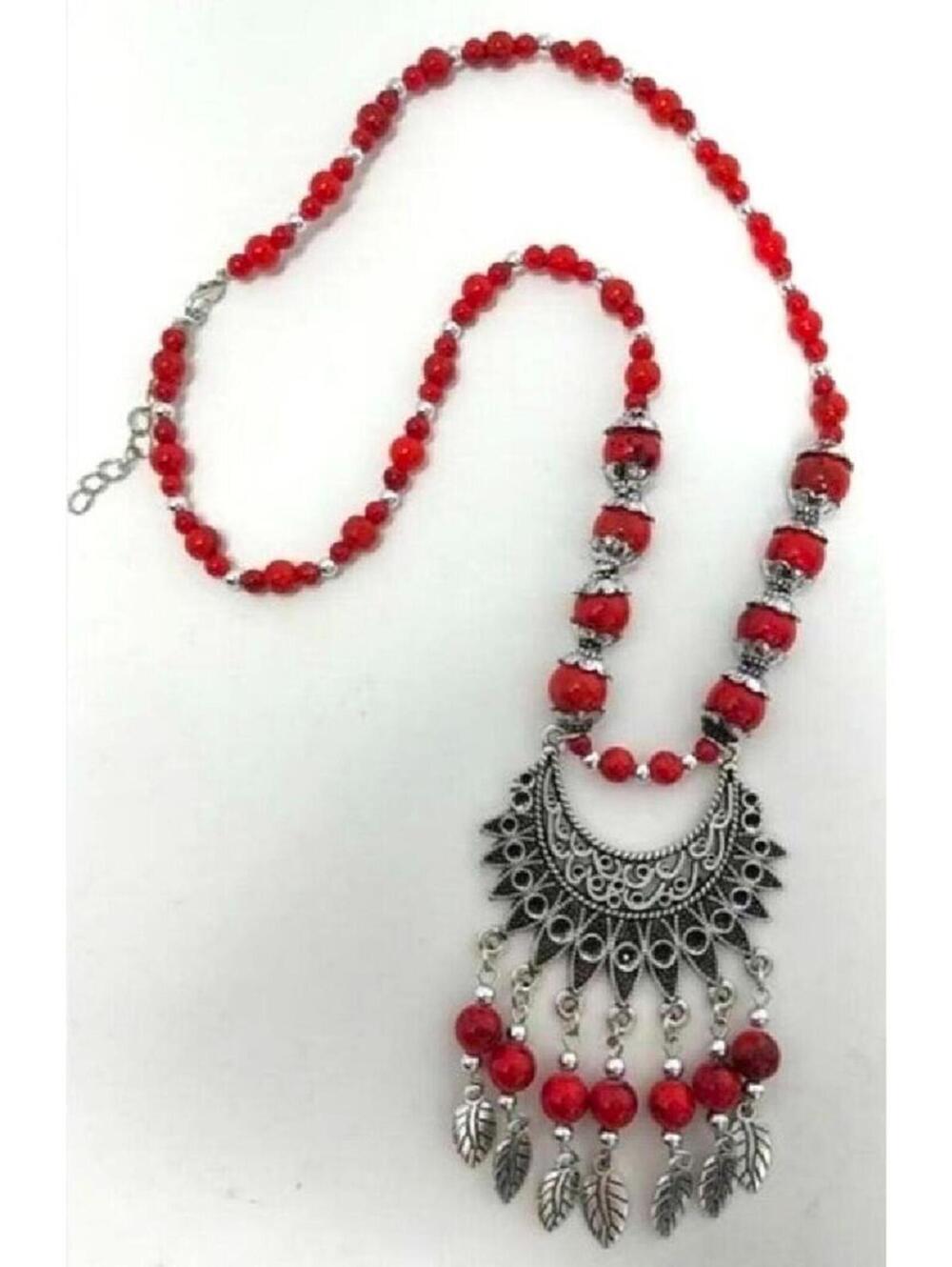 Red Beaded Boho Necklace